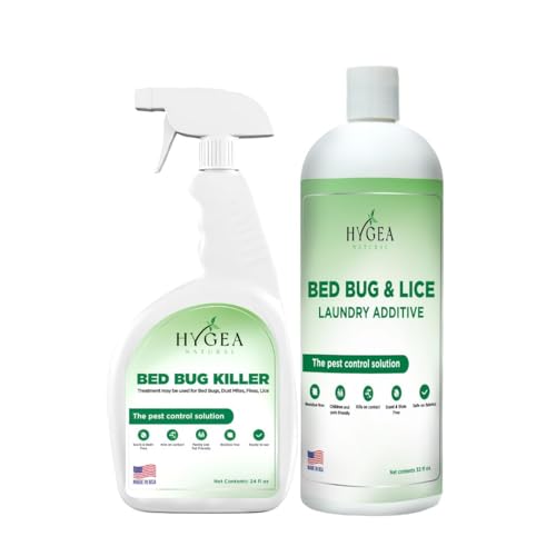 Image of Hygea Natural Bed Bug & Lice Elimination Combo Kit - Includes 24 oz lice & Bed Bug Spray and 32 oz Lice & Bed Bug Laundry Additive - Gentle Formula | Includes spray, laundry additive, and /or refill. Child, Pet and Eco Friendly Odorless Formula