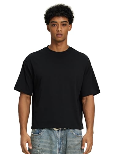 QJT Cropped Oversized Men's T-Shirts Cotton Fashion Boxy T Shirt Short Sleeve Crew Neck Tee for Men (US, Alpha, XX-Large, Big, Regular, Black)