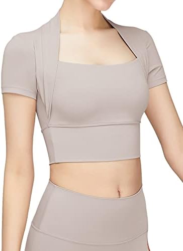 Micoson Gym Tops for Women Crop Tank Cute Shirts Ballet Dance Khaki White Small