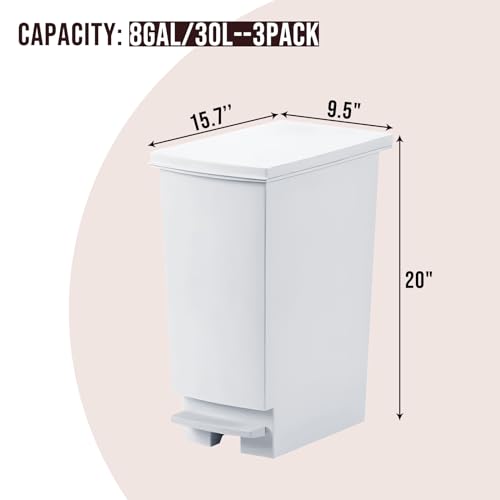 Image of 8 Gallon Trash Can With Lid and Foot Pedal, Plastic Slim Kitchen Step On Trash Can, Hands Free Recycling White Kitchen Garbage Can, Odor Block, 9 Inch Wide Trash Bin Fit For Narrow Space, 3Pack
