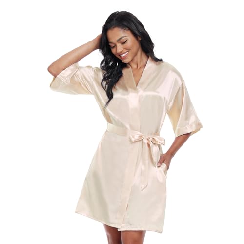 Image of Women's Short Satin Robes Lightweight Silky V-Neck Sleepwear Wedding Bridal Party Bride Bridesmaid Bathrobes