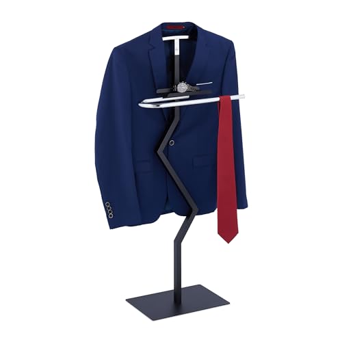 Relaxdays Sirviente Plata Galán de Noche Zigzag, para Chaqueta y Pantalón, 105x45,5x24 cm, Acero, Colgador con Balda, Negro y Plateado, Poliéster