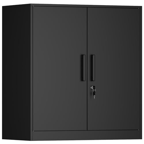 IRONFFICE Metal Wall Cabinet,Garage Wall Cabinet with Handle,Lockable Storage Cabinets Wall Mounted with 2 Doors,Locking Cabinet with Shelves for Basement,Living Home,Black
