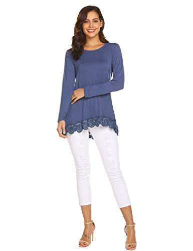 Qearal Women's Tops Long Sleeve Lace Trim O-Neck A-Line Tunic Tops (Navy Blue S)