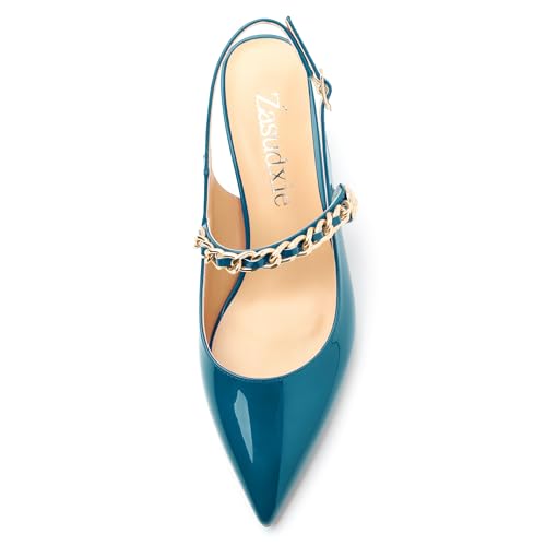 Women's Pumps, Slingback Pointed Toe Mid Chunky Heels, Patent Metal Chain Adjustable Strap Buckle Dress Shoes for Women 2.5 Inch3