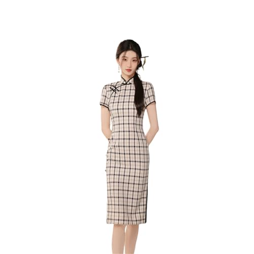 Robe Cheongsam littéraire à carreaux idéale pour vos sorties culturelles et cafés