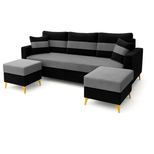 Image of SOCOZI Bastian 5 Seater L Shape Sofa Set with 2 Movable Ottomans | Flexible Layout | Soft Velvet Suede Fabric|Modern Sofa | Plush Comfort Cushions for Living Room (Black- Dark Grey)