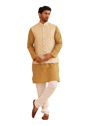 Sojanya (Since 1958 Men'S Silk Blend Self Design Mustard Kurta With Pyjama & Beige Nehru Jacket