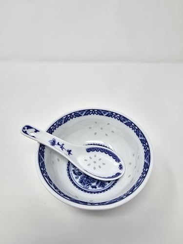 Festcool 6 Pcs Fine Porcelain Blue and White Rice Pattern Bowls, Cereal, Rice Bowls with Free 6 Porcelain Spoons Jingdezhen China (6)