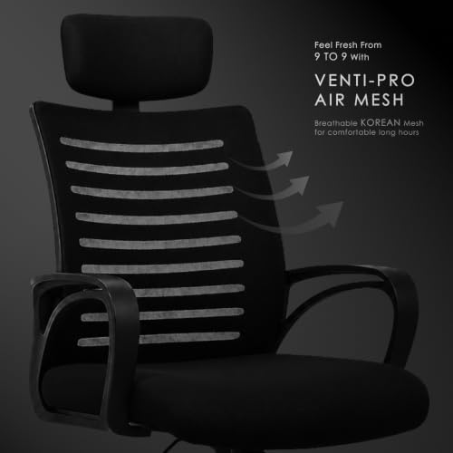 Image of Varaha Aroha BIS Certified Ergonomic Headrest Study Chair for Home & Office | Breathable Air Mesh Back Computer Desk Chair with Adjustable Support, Tilt Lock, Gas Lift | Heavy Duty Nylon Base | Black