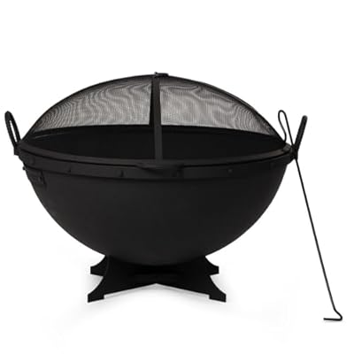 Ash & Ember 32in Hemisphere Fire Pit with Screen and Poker, Cast Iron High-Temperature Black Paint Fire Bowl, Wood Burning Backyard Fireplace, Portable Outdoor Firepit