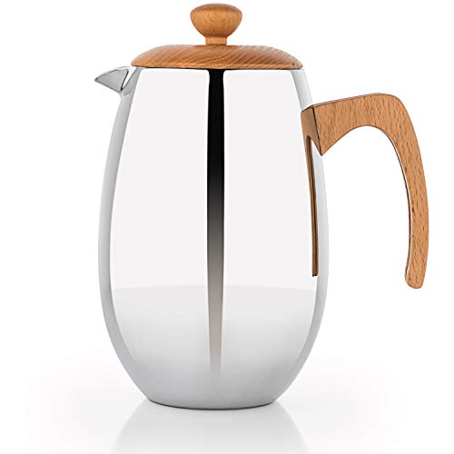 Luxbe - 4-Cups Chrome Color 34oz 1000ml Stainless Steel French Press - With Wooden Beech Lid and Handle - Coffee - Tea - Vacuum Plunger - Unbreakable