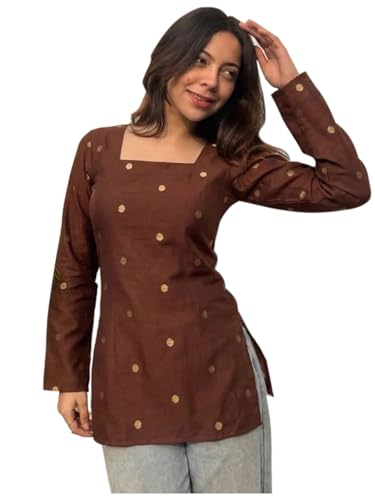 ANNI Designer Kurti Short en coton pour femme | Kurti élégant | Haut court Kurti | Kurta décontractée pour femme | Kurtis en coton confortable pour femme, marron, M