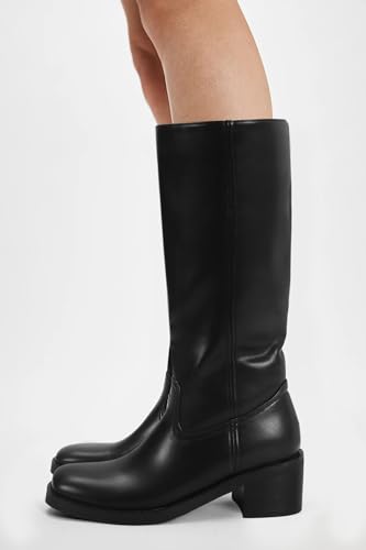 Image of DOEYG Women's Banana Knee High Boots Square Toe Chunky Block Heel Tall Boots Wide Calf Fashion Comfortable Casual Pull on Long Boots