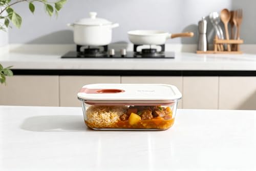 Image of STEGL Glass Food Storage Container with One-Handed Easy-Slide Unlock Lid | Airtight Leak-Proof Food Container with Pull-Ring | Microwave Dishwasher Safe Kitchen Storage Container