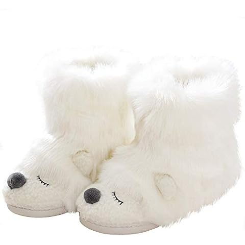 Caramella Bubble Warm Stuffed Animal Bear Boot Slipper Women Funny Fleece House Slipper, White , 5/6 UK Cover