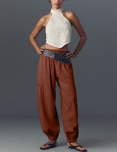UANEO Womens Baggy Pants Pull On Cotton Linen Smocked Elastic Waist Tapered Relaxed Harem Trousers with Pockets3