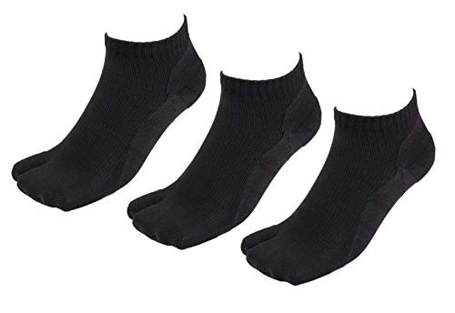 Unisex Arch Support 2 Toe Flip Flop Toe Tabi Toe Low Cut Socks, 3 Pairs - Black