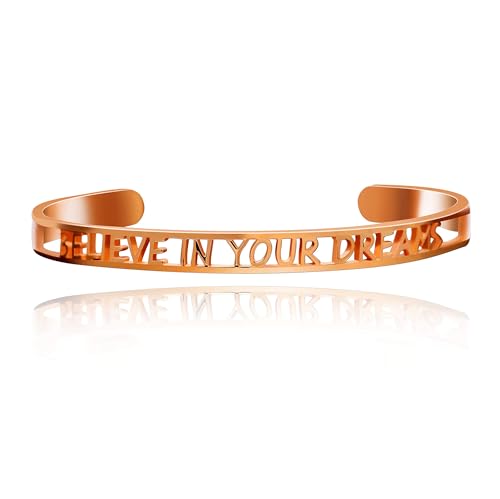 Image of Uloveido Fashion Cuff Encouragement Bracelets for Women with Quote Believe In Your Dreams Hollow Bangle Cuff Bracelet Rose Gold Plated for Women Encouragement Gifts Y467