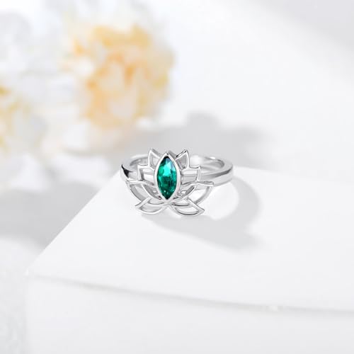 Emerald Lotus Flower Ring for Women 925 Sterling Silver Promise Statement Ring for Mom Wife Her3