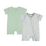 Teach Leanbh Unisex Baby 2 Pack Pajamas Cotton Short Sleeve 2 Way Zipper Stripe Soild Romper Jumpsuit Sleep and Play (Green+Stripe, 18-24 Months)