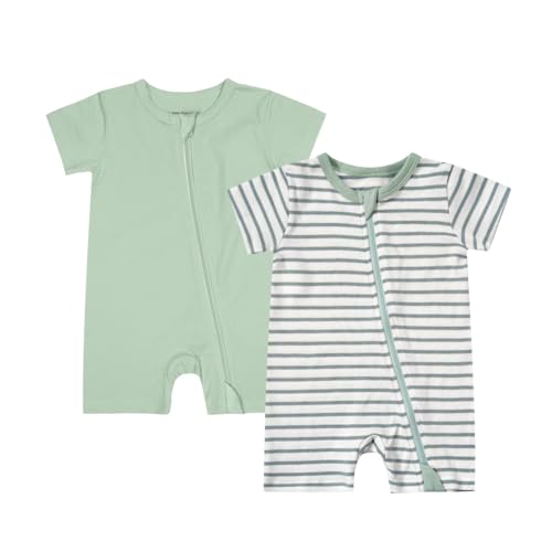 Image of Teach Leanbh Unisex Baby 2 Pack Pajamas Cotton Short Sleeve 2 Way Zipper Stripe Soild Romper Jumpsuit Sleep and Play