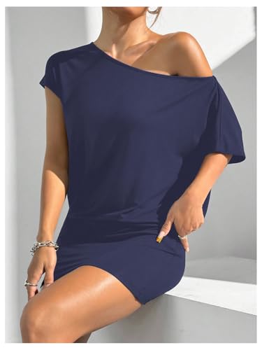 Image of SOLY HUX Women's Off The Shoulder Mini Dress Going Out Asymmetrical Neck Short Sleeve Casual Bodycon T Shirt Dresses