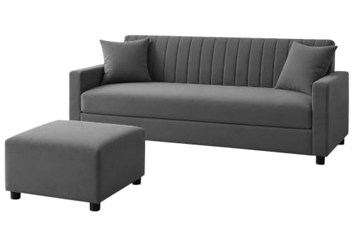 Image of Los Angeles Modern 3 Seater Wooden Sofa Set with Ottoman, Soft Velvet Upholstery, Comfortable Couch for Living Room, Office - Grey Color