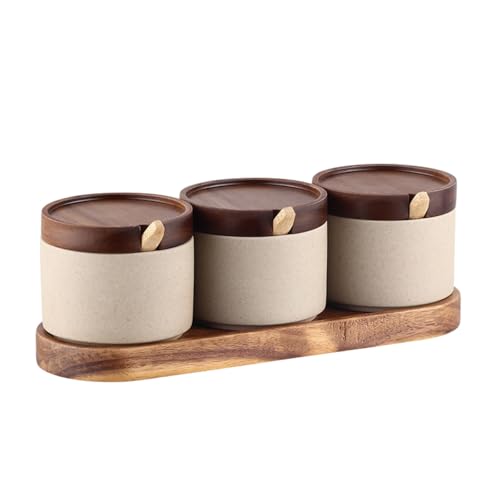 LUTODY - Juego 3 bote tarro, salero, sal, pimientero, pimienta, azucarero, azúcar, especiero, especias, condimentos, hierbas, cerámica de arcilla con tapa para cocina, alimento, comida