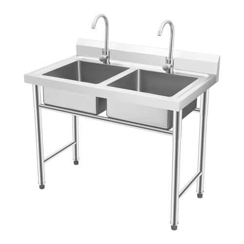 Liffshsy 2 Compartment Commercial Kitchen Sink, Stainless Steel Freestanding Double Bowl Utility Sink With 2 360° Rotating Faucet Heavy Duty Portable Double Sink for Kitchen Garage(35.8x21.3x40in)