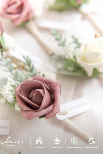 Ling's moment Boutonniere for Men, 6pcs Groom Groomsmen Boutonniere, Artificial Flowers for Wedding Decor/Prom/Homecoming, etc.Pink Dusty Rose