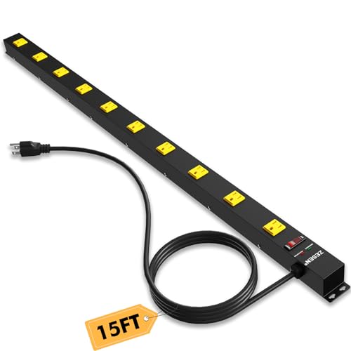 Image of 10 Outlet Long Power Strip, Wide Spaced Outlet Power Bar, Heavy Duty Metal Power Strip with 15FT Cord for Work Bench, Garage, Shop, Overload Protection Switch, ETL Listed (15A /1875W)