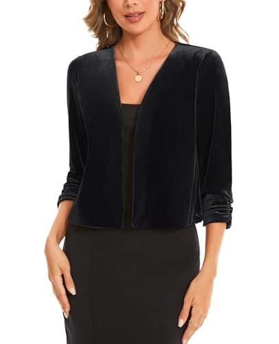 MINTLIMIT Women's Velvet Shrug Cropped Cardigan Ruched 3/4 Sleeve Open Front Cocktail Party Bolero Shrug Top for Dress2