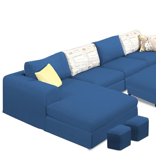 Image of Koza LHS 8 Seater L Shape Sofa Set with Center Table for Living Room (Blue Fabric) Premium Fabric Sofa