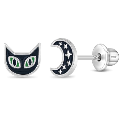 925 Sterling Silver Black Enamel Cat and Moon Halloween Safety Screw Back Earrings For Little Girls - Children's Halloween Screw Back Earrings - Black Cat Earrings For Children