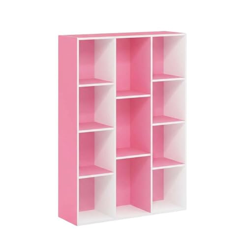 Furnifact White Pink 11-Cube Reversible Open Shelf Bookcase, Multi-Functional Storage