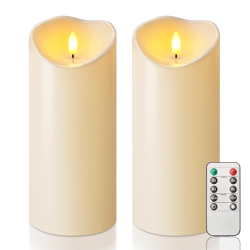 Image of Homemory 4 inchx9 inch Outdoor Waterproof Flameless Candles with Timers and Remote Control, Battery Operated Candles, LED Plastic Candles, Dark Ivory, Set of 2