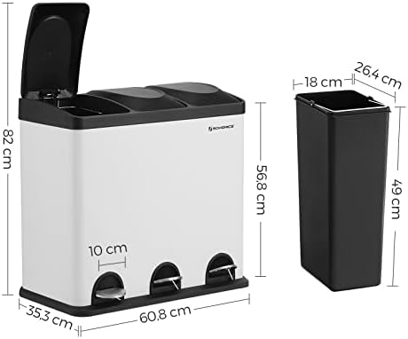 SONGMICS 54L Recycling Bin, Rubbish Bin, Steel Pedal Bin with 3 Sections, Inner Buckets, 6 Sorting Labels, for Easy Waste Separation, White and Black LTB54W