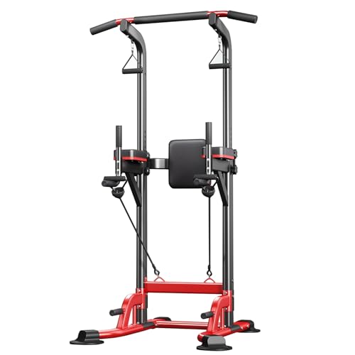 Power Tower Estación de Musculación autoportante, barra de dominadas y fondos, altura ajustable en 10 niveles 150–230 cm, carga máxima 200 kg para gimnasio en casa(Red Black)