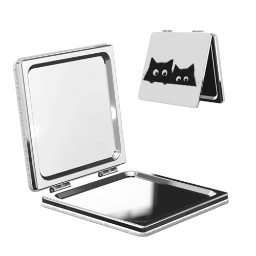 Two Cute Black Cats Travel Makeup Mirror Double-Sided Portable Compact Makeup Mirror Pocket Magnifying Pu Leather Travel Mirror for Daily Work Business Square