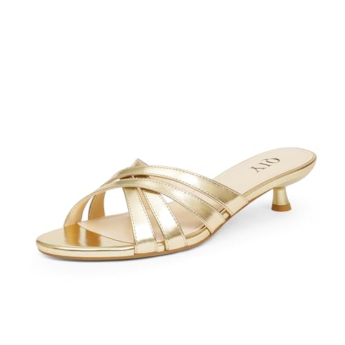 Kitten Heels for Women Strappy Low Heels Open Rounded Toe Mules Slip on Slide Sandals Comfort Dress Shoes