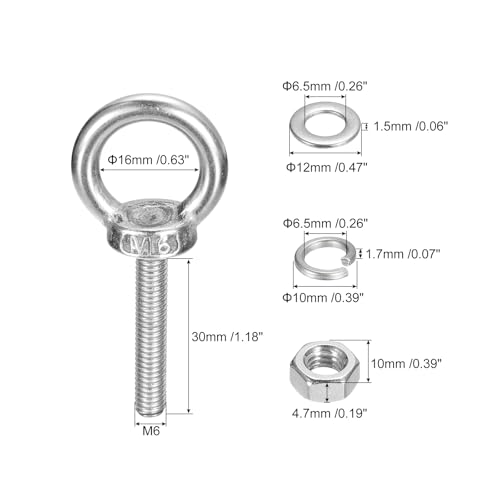 Image of uxcell Lifting Eye Bolt, 1 Set M6 x 30mm Eye Bolt with Nut Washer 304 Stainless Steel Shoulder Lifting Ring Eye Bolt for Hanging Item