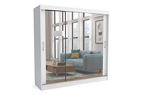Brent - Kleiderschrank mit Schiebetüren Windsor David I 200x200x60 cm I mit Spiegel, Stangen und Einlegeböden für Kleidung I Laminierte Spanplatte I Aluminiumschienen I Weiß