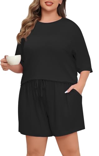 Lastshe Womens Plus Size Pajama Set 2 Piece Soft Short Sleeve with Pockets Shorts Sleepwear Knit Pjs Lounge Set Sweatsuits3