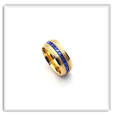 Xusamss 18K Gold Plated Ring One Row Blue Crystal Ring Stainless Steel Band Ring