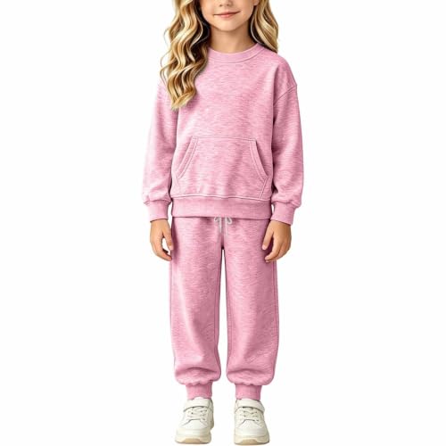 GOSEAGOTOFUN Sweat Set Girls 2 Piece Fleece Sweatshirt and Sweatpants Kids Crew Neck Sweatsuit Fall Winter Jogging Tracksuit 01-Pink 4-5 Years - image 4