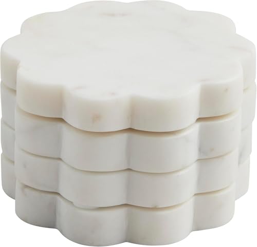 Marble Coasters Set of 4 Stone Drink Coasters White Scalloped Design