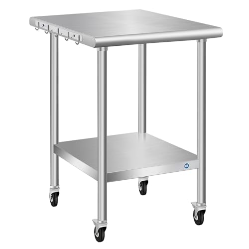 Stainless Steel Table with Wheels, 24 x 24 Inch Stainless Table for Prep &amp; Work, Commercial NSF Steel Metal Table for Restaurant Kitchen Hotel Garage