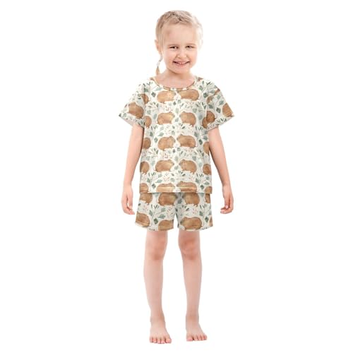 ALAZA Retro Capybara Leaf Pajamas Short Sleeve 2 Piece Sleepwear Top and Bottom Pajama Set Unisex3