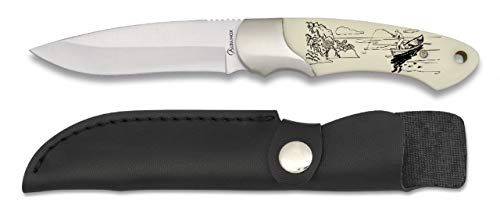Cuchillo con grabado PESCADOR Cuchillo Hoja 9,5 cm para Caza, Pesca, Camping, Outdoor, Supervivencia y Bushcraft Albainox 32199GR569 + Portabotellas de regalo